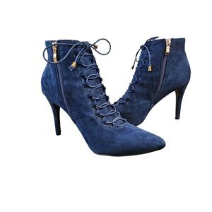 Herstyle Size 11 Stiletto Navy Blue Suede Pointy Toe Booties Nerolli Style Zips